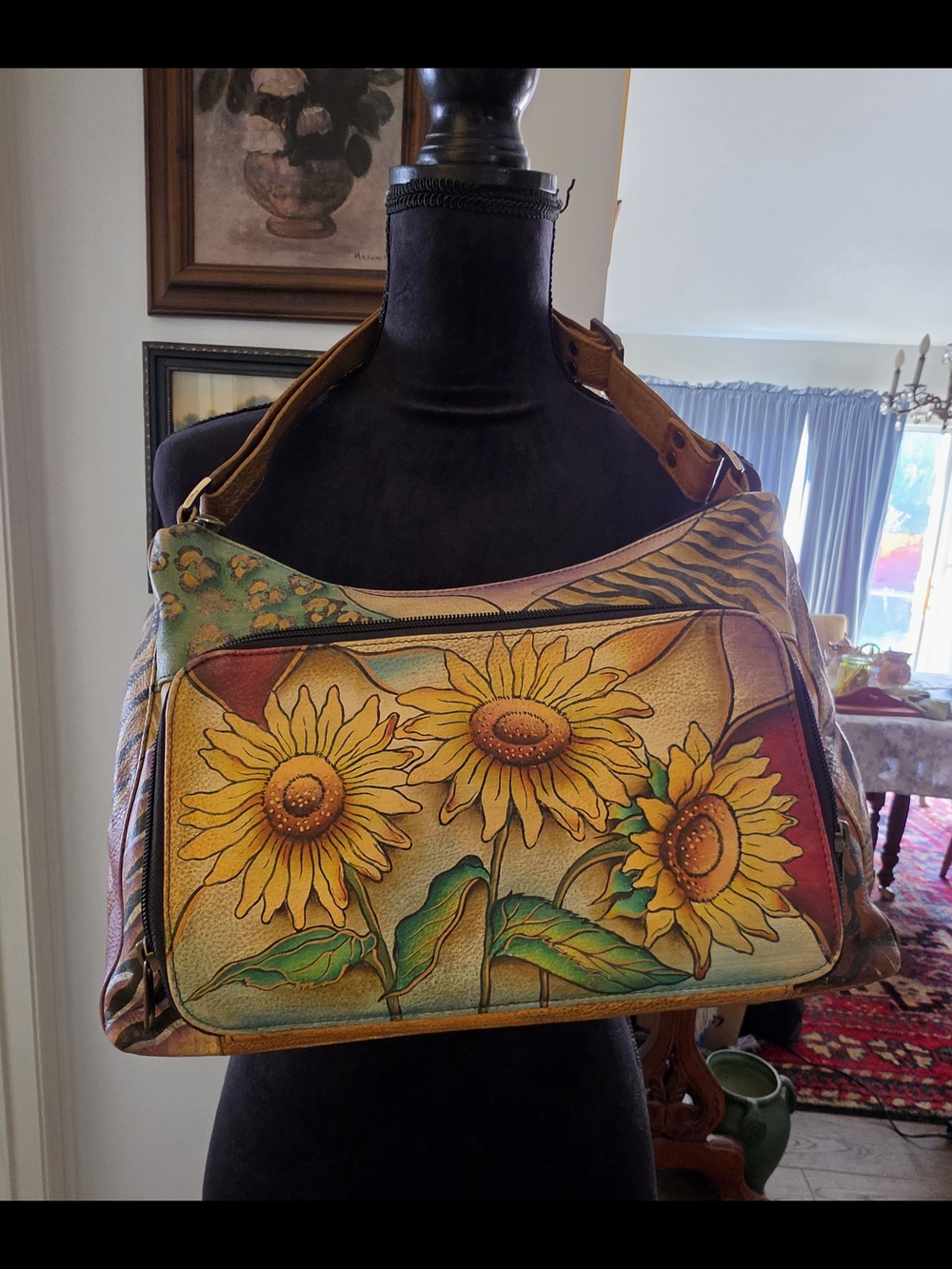 Anuschka Hand-Painted Sunflower Satchel - Yellow, Green, Brown